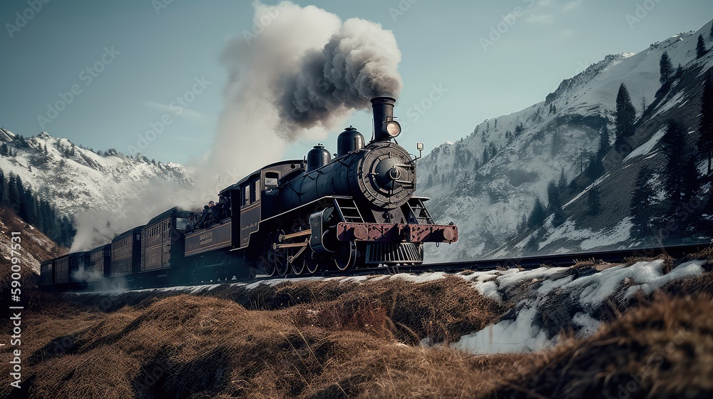 Fototapeta premium A steam train is making its way through the picturesque scenery of the Swiss Alps, providing a scenic and nostalgic travel experience for passengers. Generative AI