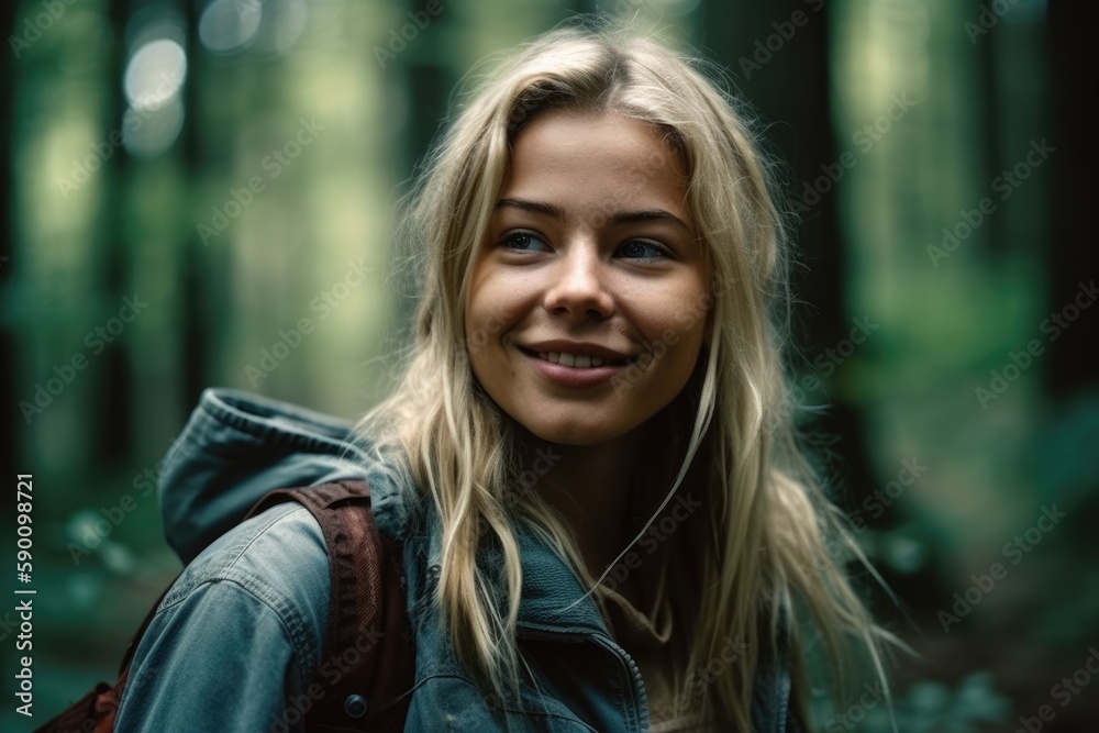 attractive young lady posing in front of a tent in a northern forest. Generative AI attractive young lady posing in front of a tent in a northern forest. Generative AI