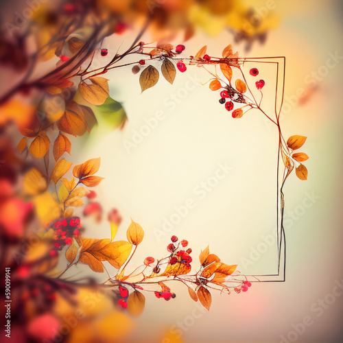 Autumn background with wooden frame made from branches with autumn leaves, Generative AI