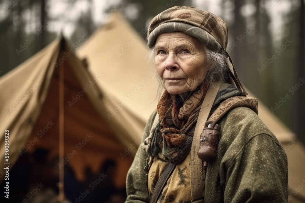 Obraz premium Old lady posing in front of a tent in a northern forest. Generative AI