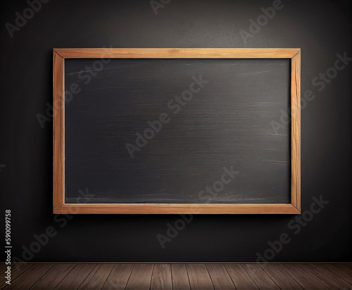 Blank black blackboard on the wall in the classroom with wooden floor, Generative AI