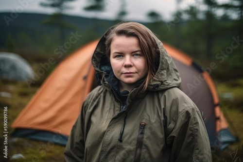 attractive thirty something lady posing in front of a tent in a northern forest. Generative AI