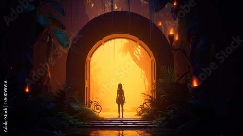 A young girl stands in front of a magical gate emitting a bright yellow light, the gate is surrounded by a forest with tall trees and lush vegetation. Generative AI