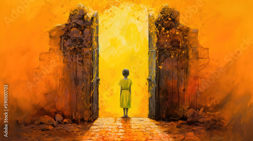 A young girl stands in front of a magical gate emitting a bright yellow light, the gate is surrounded by a forest with tall trees and lush vegetation. Generative AI
