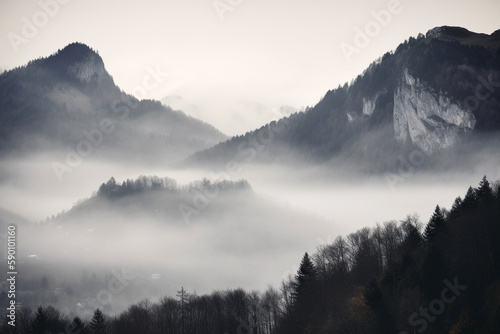 Mountain with fog and mist generative AI