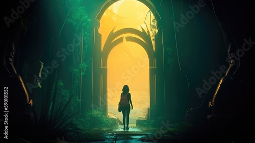 A young girl stands in front of a magical gate emitting a bright yellow light  the gate is surrounded by a forest with tall trees and lush vegetation. Generative AI