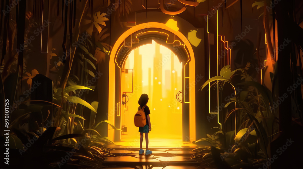 A young girl stands in front of a magical gate emitting a bright yellow light, the gate is surrounded by a forest with tall trees and lush vegetation. Generative AI A young girl stands in front of a magical gate emitting a bright yellow light, the gate is surrounded by a forest with tall trees and lush vegetation. Generative AI
