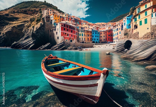 Colorful Italian village in Cinque Terre national park with fishing boats and blue sky. Generative AI