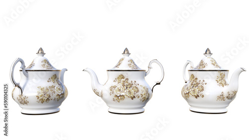 Fotografía White teapot with flowers with different perspectives.