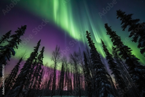 Aurora borealis dances across the sky in a breathtaking display of color. Generative AI