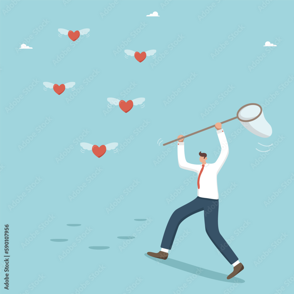 Love and passion for work, find a dream job, look for inspiration and motivation to achieve goals, collect likes on social networks from subscribers and followers, man catches like hearts with a net. Love and passion for work, find a dream job, look for inspiration and motivation to achieve goals, collect likes on social networks from subscribers and followers, man catches like hearts with a net.