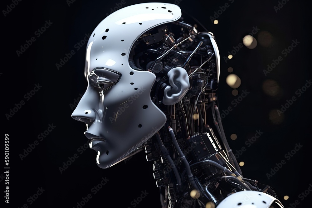 Modern Male Cyborg Robot Head Side View Advanced Artificial Intelligence Generative AI Modern Male Cyborg Robot Head Side View Advanced Artificial Intelligence Generative AI