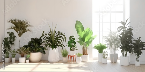 House plants in pots against a white wall, clean air, a healthy atmosphere at home on a sunny day, ai generative image
