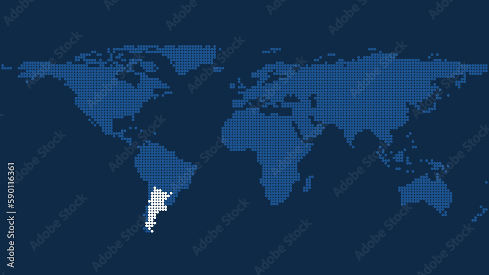 Argentina Marked on Dark Blue Pixel World Map: Geographic Exploration and Cartography Argentina Marked on Dark Blue Pixel World Map: Geographic Exploration and Cartography