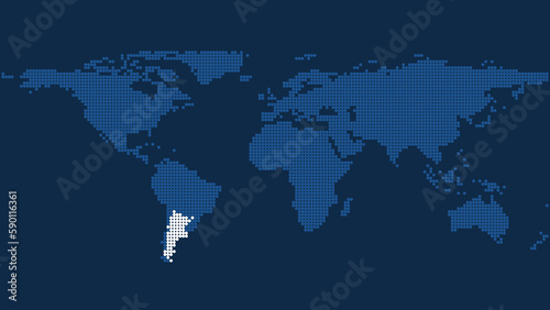 Argentina Marked on Dark Blue Pixel World Map: Geographic Exploration and Cartography
