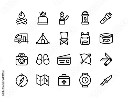 Camping icon set, summer vacation vector, adjustable line weight, fire, bonfire, compass, forest, oil lamp, chair, camper, arrow, swiss knife, binoculars, lighter, backpack, backpacking