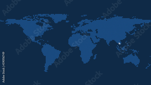 High-Resolution Dark Blue Pixel World Map with Marked Cambodia Lands