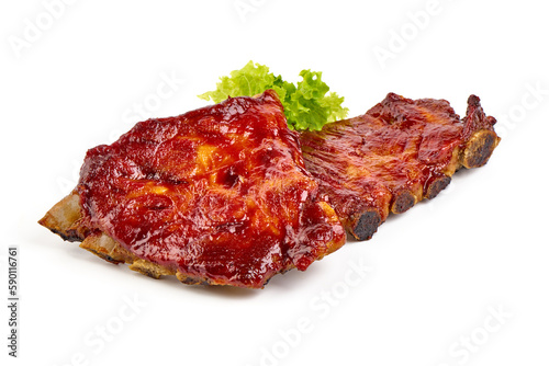 Delicious Grilled Ribs with herbs, isolated on a white background. Close-up.