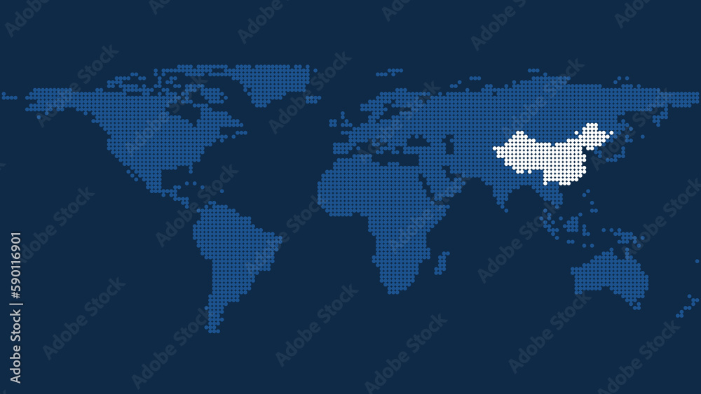 China's Landmark on Dark Blue Pixel World Map China's Landmark on Dark Blue Pixel World Map