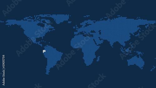Dark Blue Pixel World Map with Marked Ecuador Lands, Cartographic Artistry
