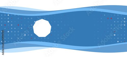 Blue wavy banner with a white nonagon symbol on the left. On the background there are small white shapes, some are highlighted in red. There is an empty space for text on the right side © Alexey