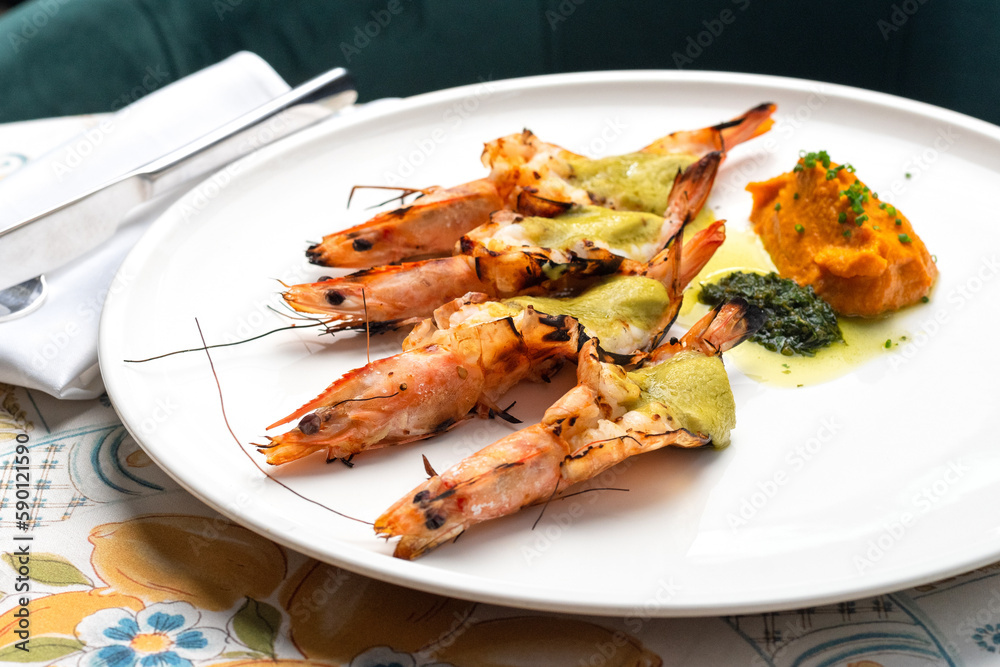 Grilled King Tiger Prawn with sauce food concept Grilled King Tiger Prawn with sauce food concept