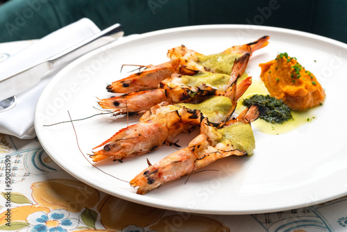 Grilled King Tiger Prawn with sauce food concept