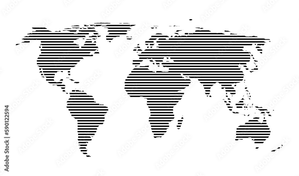 Obraz premium World map with horizontal lines. Stripes pattern of earth with continents. Design illustration of geography for business, technology and travel. Black graphic wallpaper of globe. Vector
