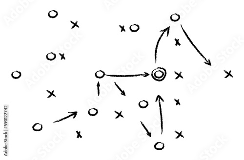 Strategy game plan. Tactic for soccer. Scheme for training of football team. Sport illustration on blackboard. Playbook of coach. Strategic organization on field for learning. Vector