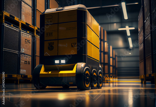 Autonomous Robotic transportation or Automated guided vehicle systems (AGV) operating transfer box in automated warehouses. Created with Generative AI technology