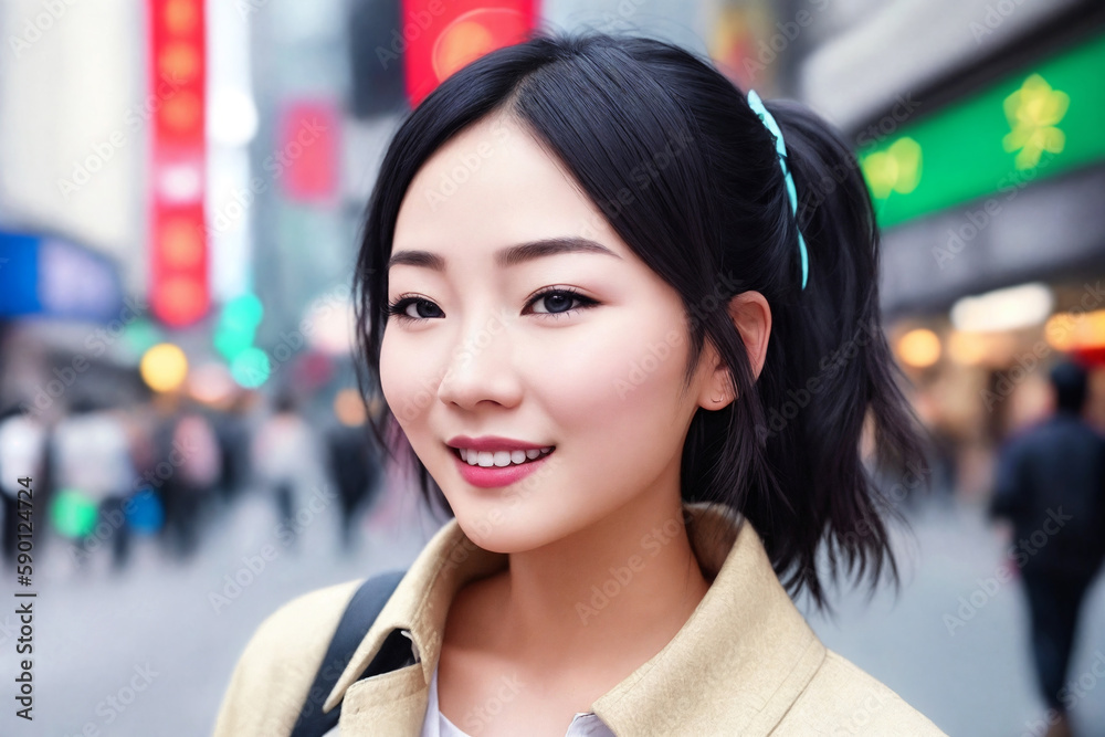 A beautiful asian woman portrait, city street as background. Generative AI.