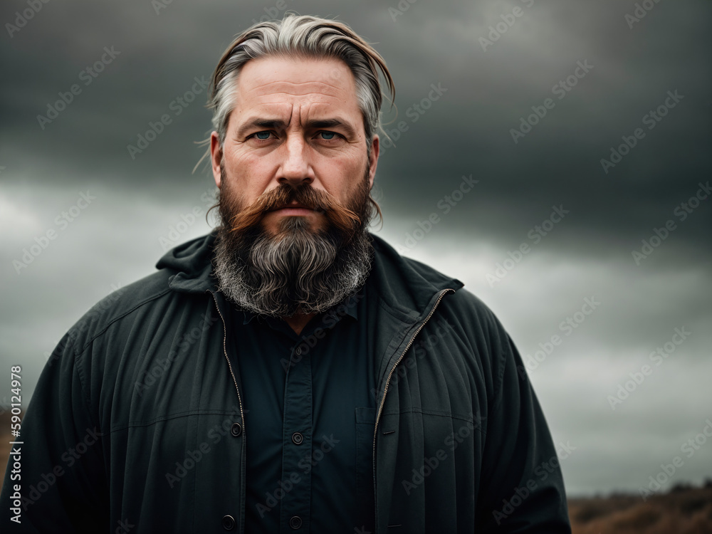 Dramatic portrait of a man, late autumn season, wild landscape as background, dark sky with storm clouds. Generative AI. Dramatic portrait of a man, late autumn season, wild landscape as background, dark sky with storm clouds. Generative AI.