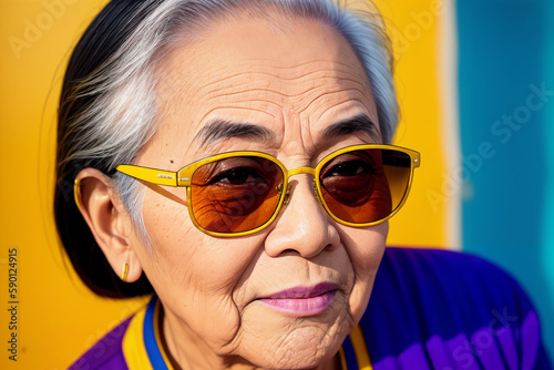 Portrait of an elderly Asian woman with blond hair and sunglasses on an yellow background, summer brightness. Generative AI.