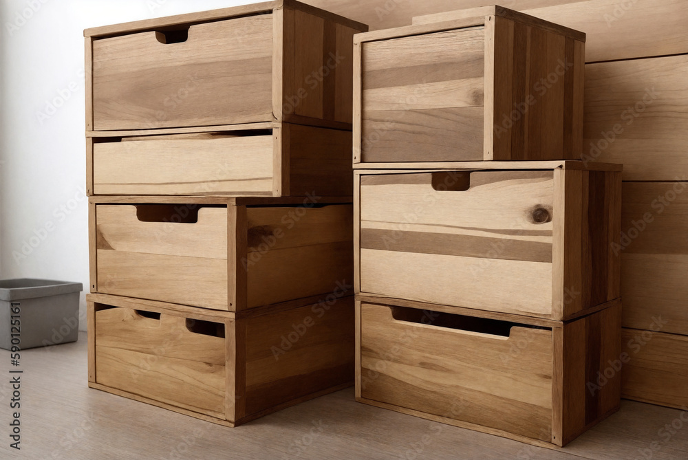 A stack of wooden boxes. Generative AI.
