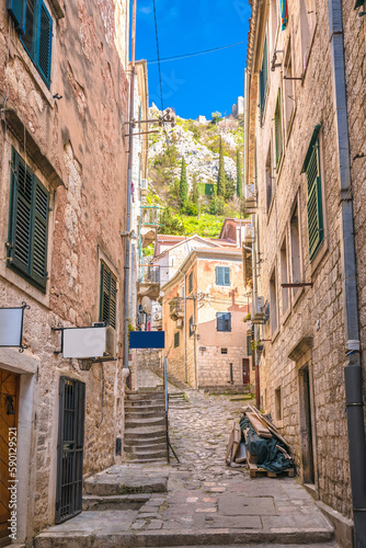 Historic town of Kotor narrow stone street view, Boka Kotorska © xbrchx