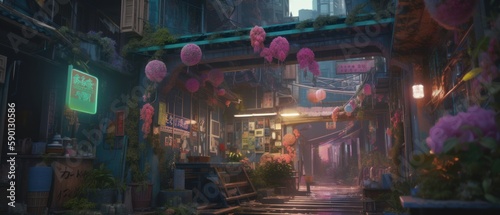 A scene from a night scene with a pink building