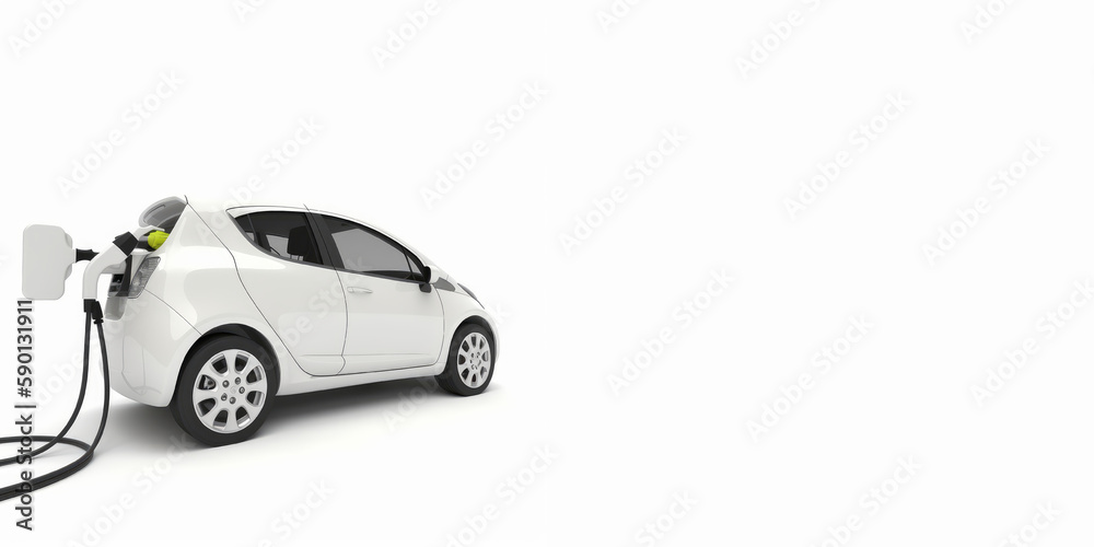 A white car with a plugged in charging station. Generative AI