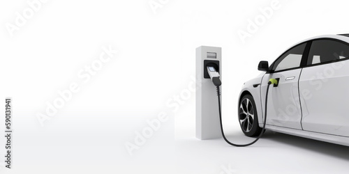 A white car with a plugged in charging station. Generative AI