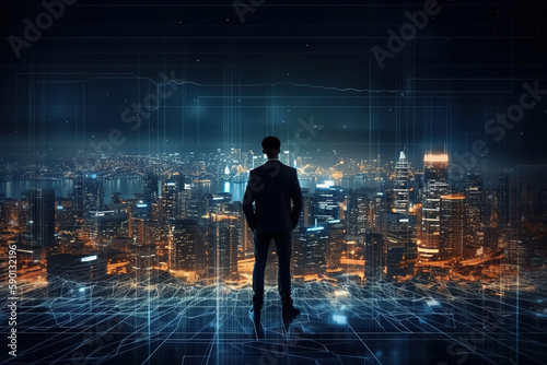 Alone confident business man standing near office windows and looking at city view with business wireless network lines concept, created with Generative AI.