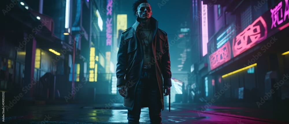 A man walks down a street in a neon city. Generative AI A man walks down a street in a neon city. Generative AI