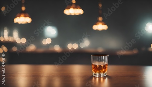 Scotch whiskey glass with an empty background for advertising. Bottle and glasses of cold cognac on dark wooden background. Generative AI