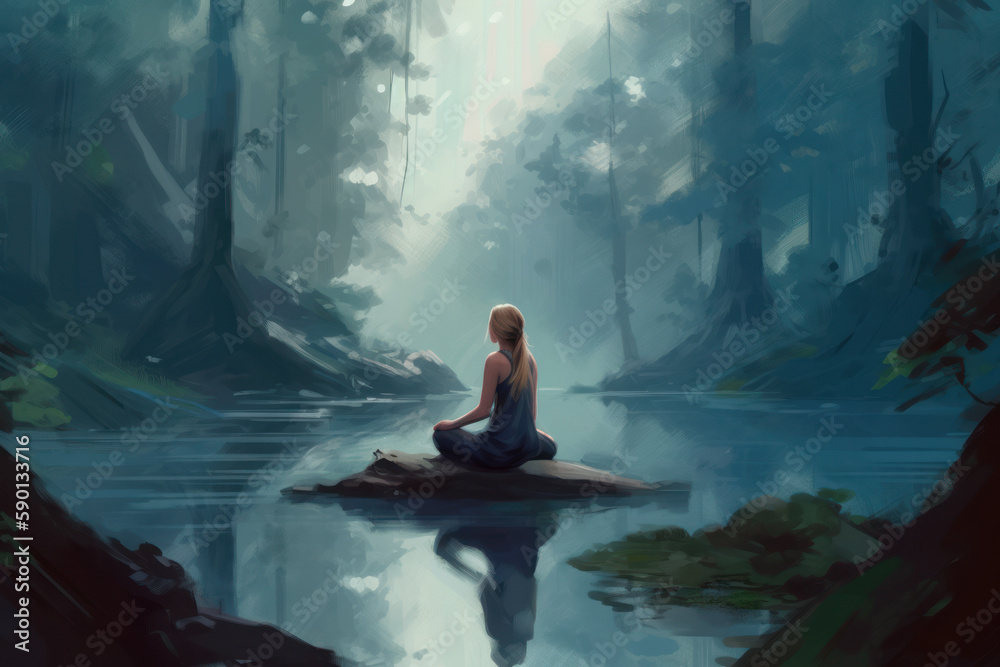  a woman meditating in a quiet place surrounded by nature, concept to manage stress and improve self-confidence, resilience Personal Growth and Reflection, generative AI