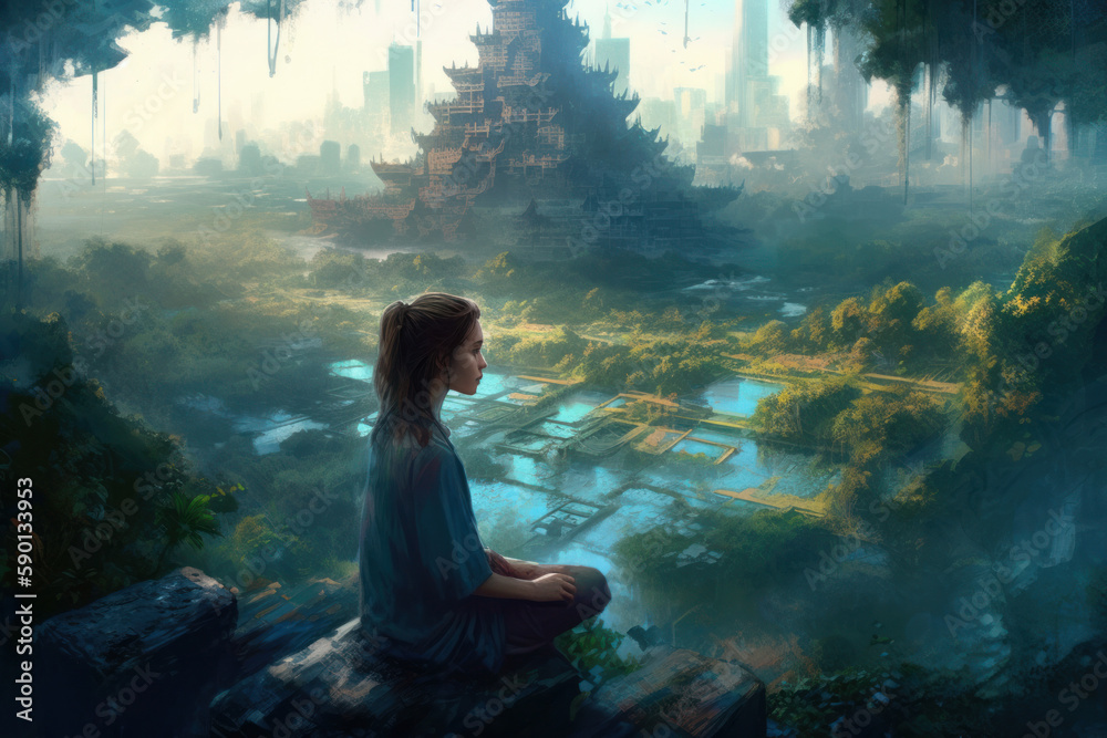  a woman meditating in a quiet place contrasted by surrounding megacity, concept to manage stress and improve self-confidence, resilience Personal Growth and Reflection, generative AI