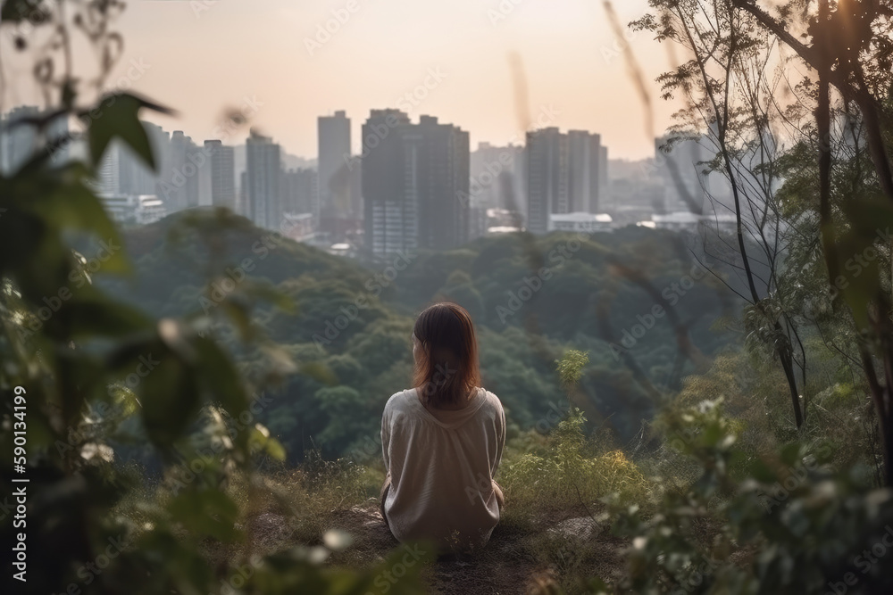a woman meditating in a quiet place contrasted by surrounding megacity, concept to manage stress and improve self-confidence, resilience Personal Growth and Reflection, generative AI a woman meditating in a quiet place contrasted by surrounding megacity, concept to manage stress and improve self-confidence, resilience Personal Growth and Reflection, generative AI