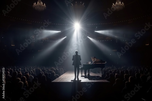 Fictional musician at the piano on the big stage of a luxury concert hall made with generative AI photo