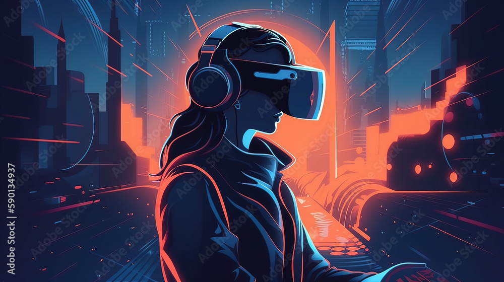 Fototapeta premium Step into the Future with Virtual Reality: Woman Holding E-Wearable Illustration. Generative Ai.