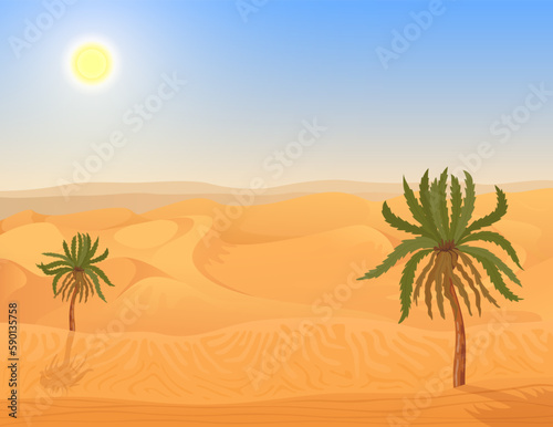 Desert landscape with palm tree safari heat climate with sun sky hilly sand isometric vector