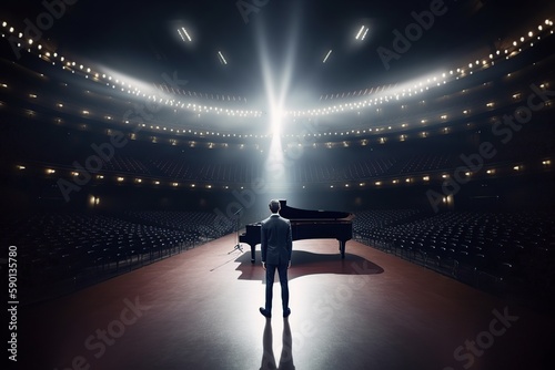 Fictional musician at the piano on the big stage of a luxury concert hall made with generative AI photo