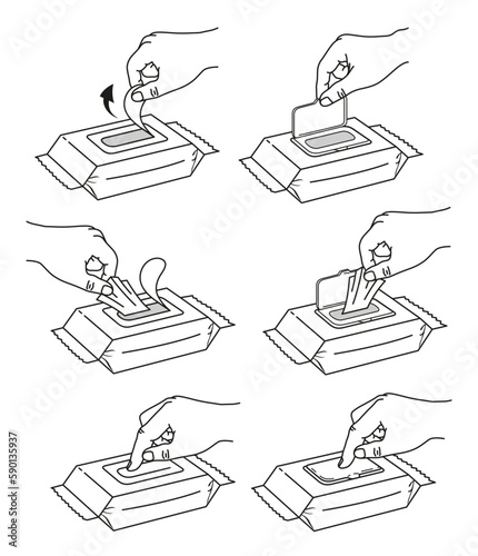 Wet wipes instruction for package open with arrows line isometric vector illustration