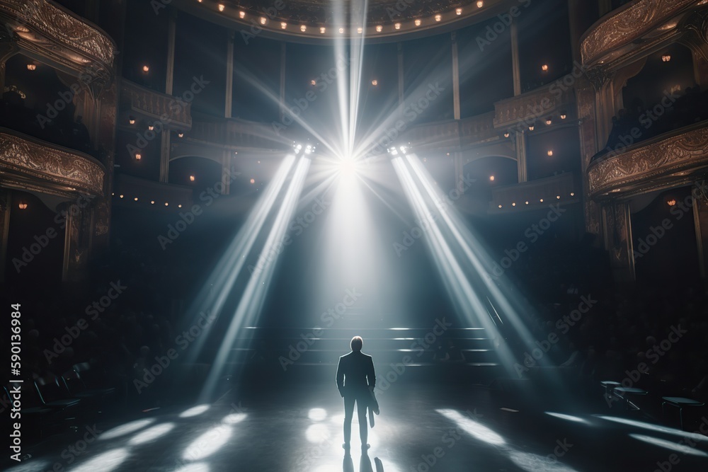 Fictional male artist on the big stage of an empty concert hall in the light of spotlights made with generative AI